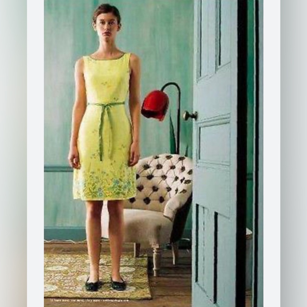 Vtg.Y2K Odille x Anthro Yellow midi dress with blue+green floral print.Size 12